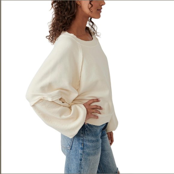 Free People Sweet Deets Sweatshirt-Women’s S-Cream Oversized Pullover Cotton - Picture 4 of 12
